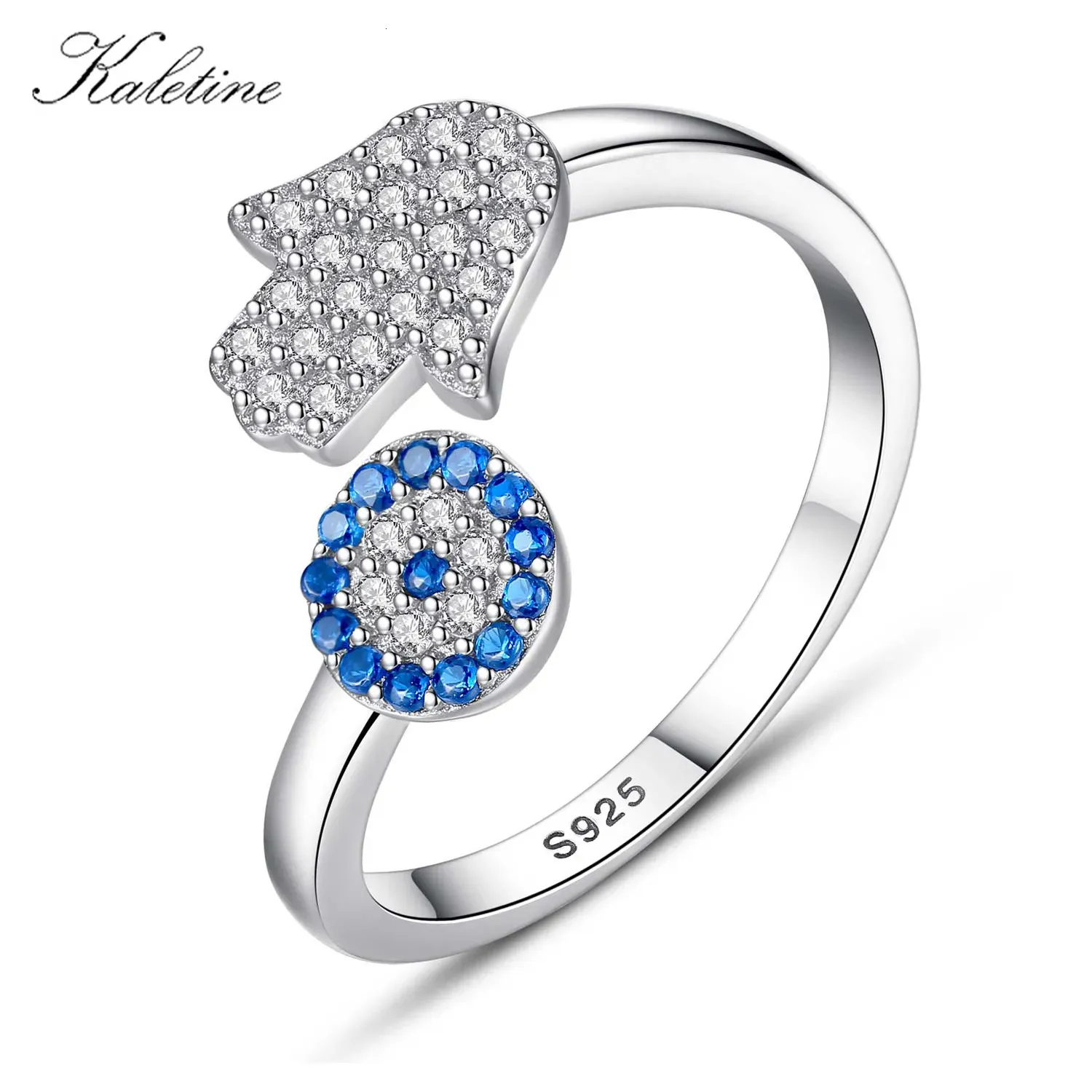 Wedding Rings KALETINE 925 Sterling Silver Blue Hamsa Hand Fatima Adjustable Female Open Size Ring Jewelry 231005