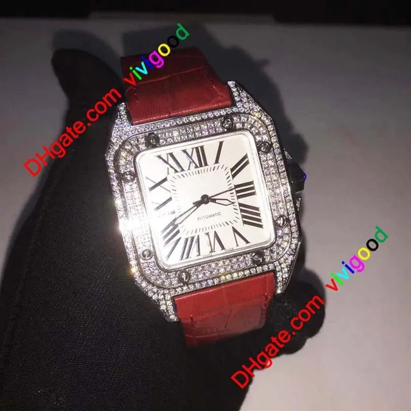 2021 mode 100-XL hommes montres carrées 40mm diamant montre bracelet en cuir mouvement automatique glacé hommes watche251z