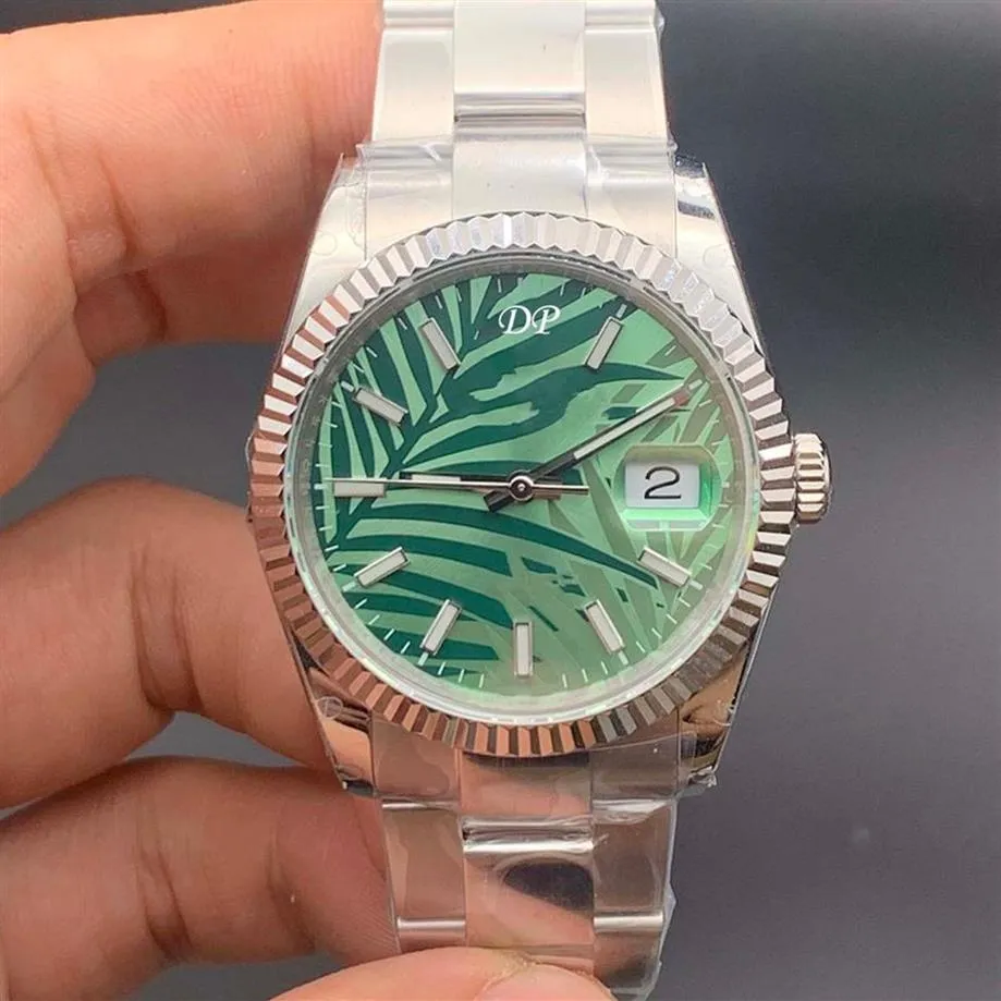 2021 New Model 36mm Unisex Watch Olive Green Palm Leaf Pattern Dial Top Quality BP Factory 2813 Automatic Movement Watches Preside264h