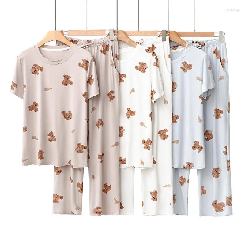 Dames nachtkleding Japanse Kawaii cartoon beer volledig bedrukte pyjamasets O-hals broek met korte mouwen Homewearsuit los eenvoudig zomer