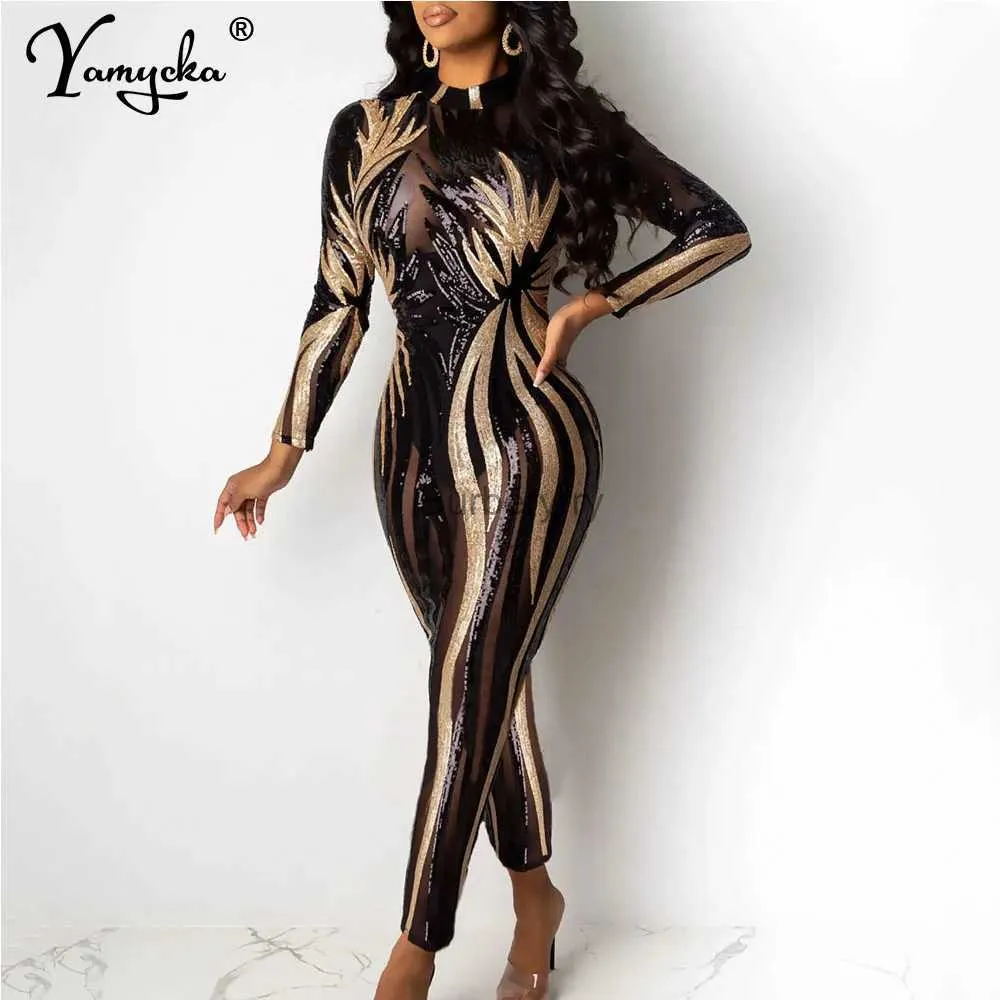 Women's Jumpsuits Rompers Sexy see through black Sequin bodycon jumpsuit women summer birthday party club outfits jumpsuits Long sleeve bodysuit overallsL231005