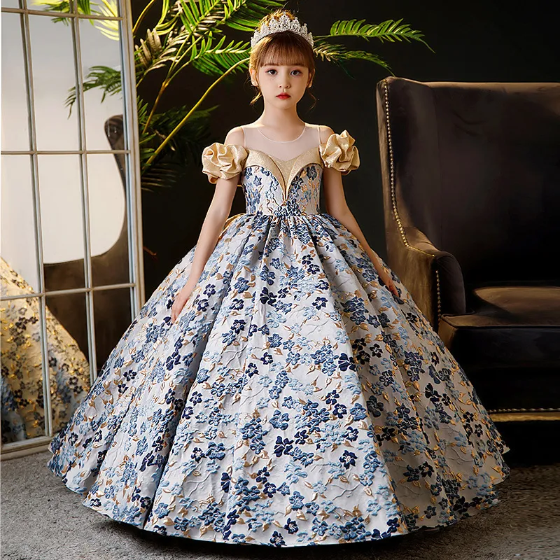 Gold Blue Flower Girl Dresses Off Shoulder Ball Gown Lace Appliques Beads Kids Girls Pageant Party Dress Shiny Bling 2-12 Years Birthday Gowns 403