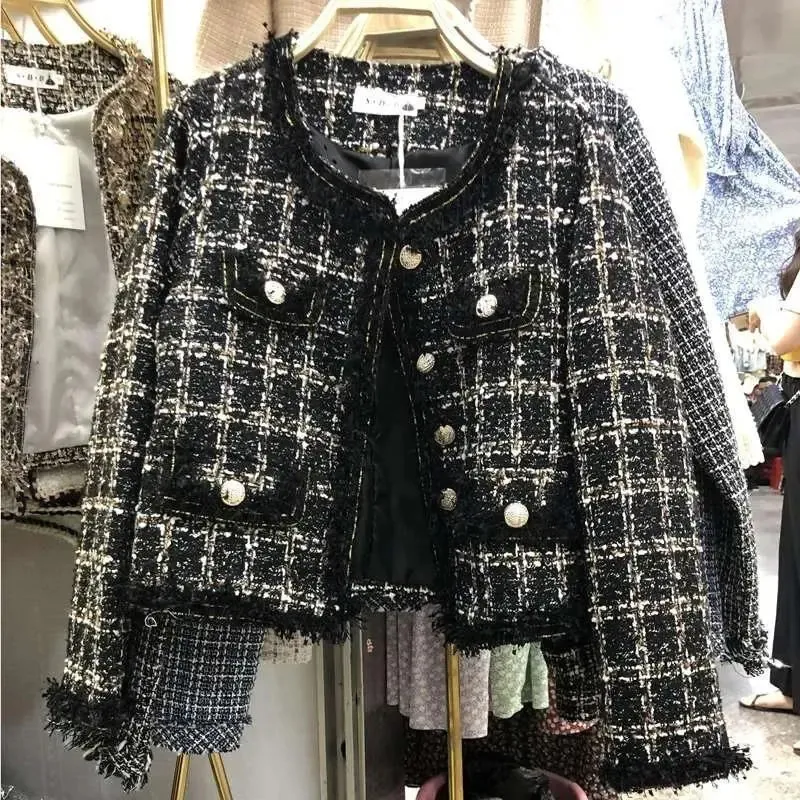 Kobiety łączy jesienne jesienne zima vintage Tweed Jacket płaszcz Kobiety Patchwork Korean Woolen Cropped Pleats Elegancka krótka odzież wierzchnia 231005