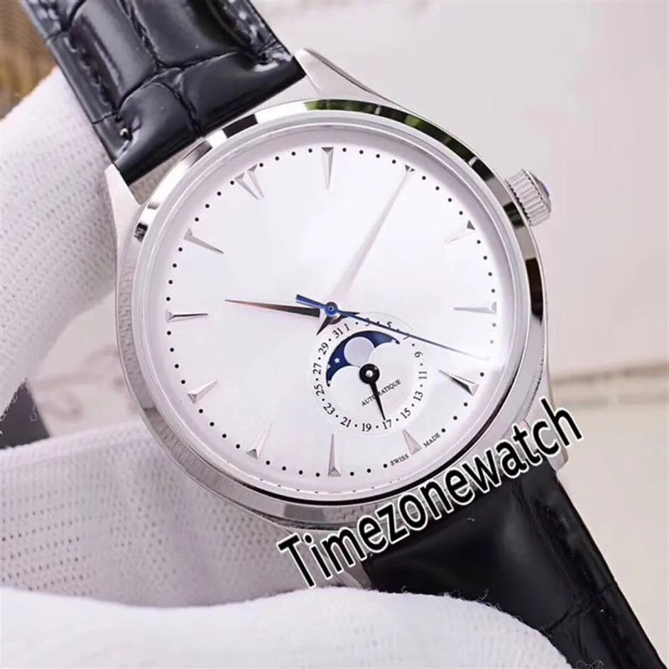 Master Ultra Thin Q1368420 Mens Amens Aments Watch Steel Case Silver Dial Real Moon Phase Sticks Markers Brown Leather Strap TimeZoneW283G