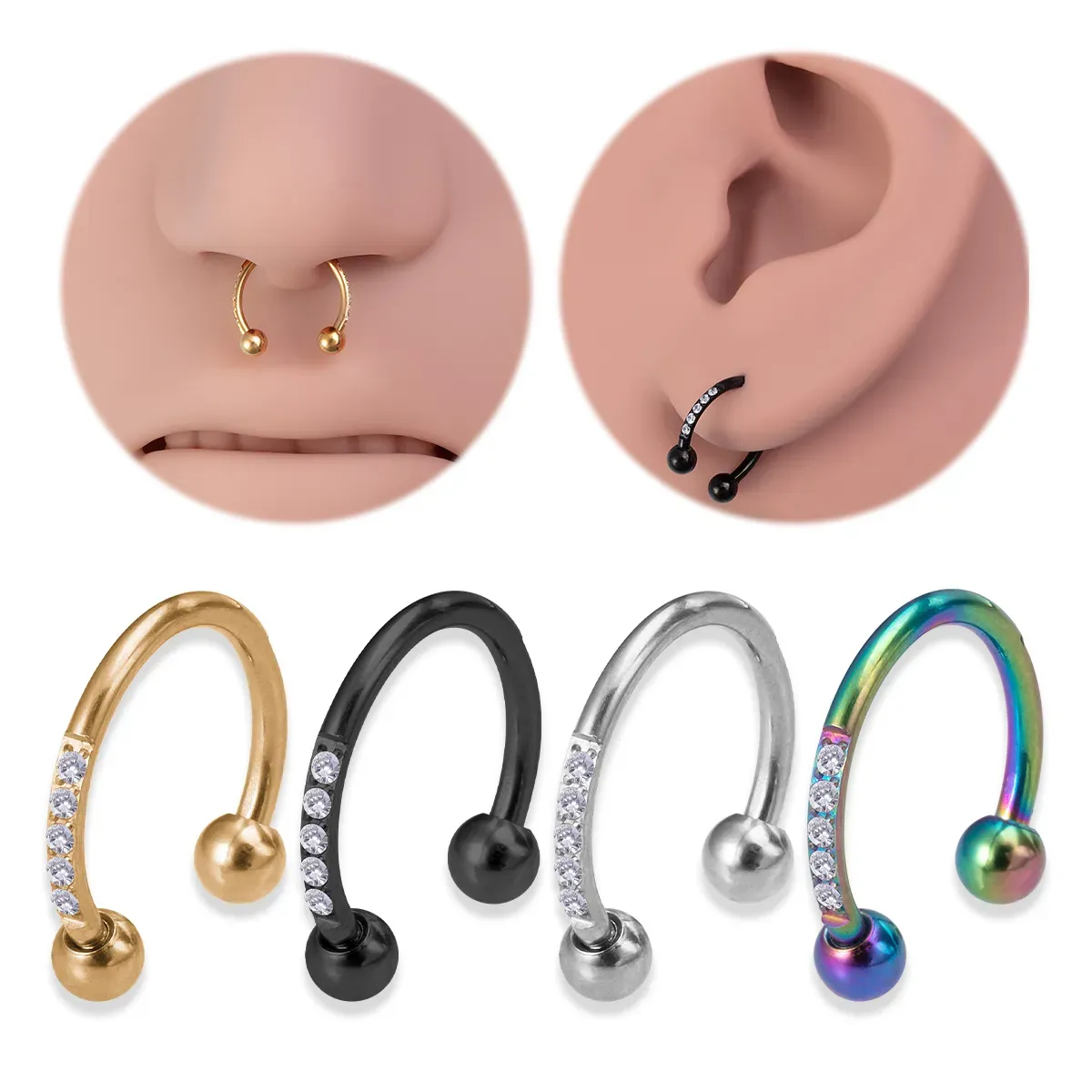 Zircon Hoop Nose Ring Septum Piercing Earrings BCR Cartilage Tragus Helix Stud Circular Ear Horseshoe for Women Body Jewelry