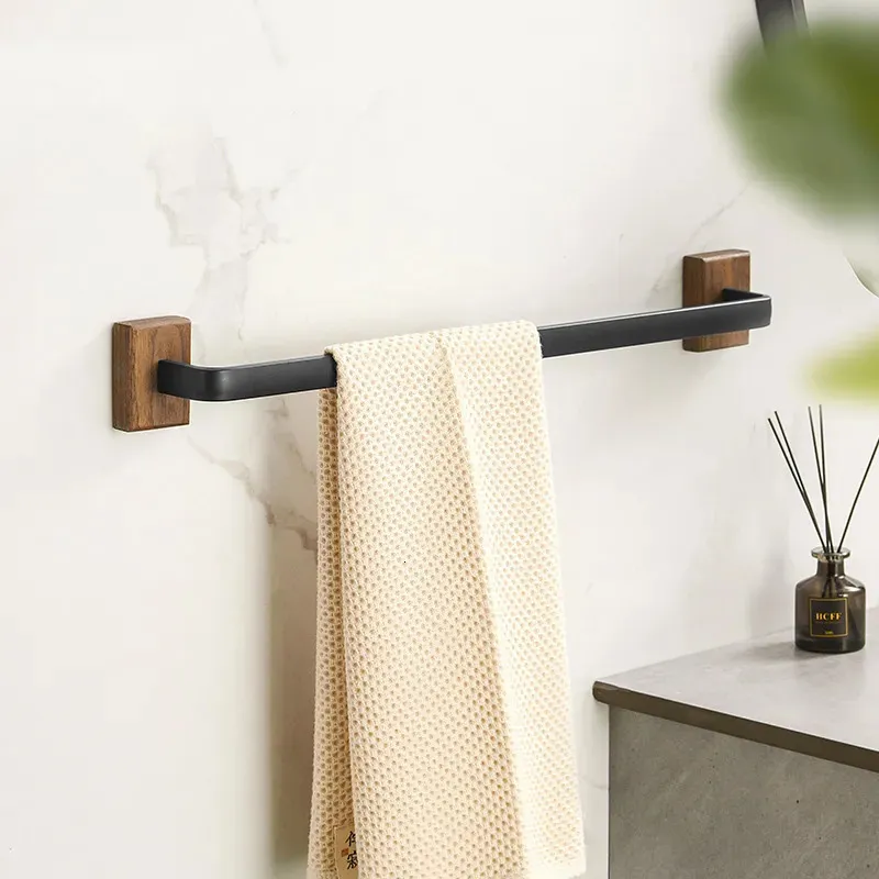 Towel Racks Black Walnut Wood Towel Rack Wall Mounted Retro Towel Bar Wooden Towel Holder Brass Towel Rail Brass Hooks for Bathroom Kitchen 230927