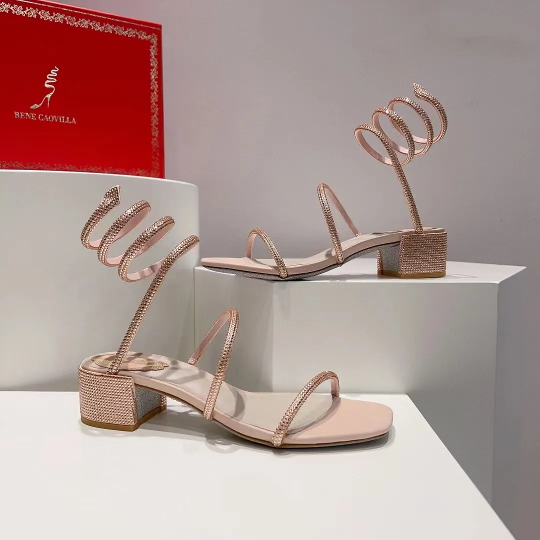 Sandálias femininas Rene Caovilla 4,5 cm de salto grosso cobra envolta em cristal decorativo tira no tornozelo com couro genuíno sandália de designer de moda de luxo