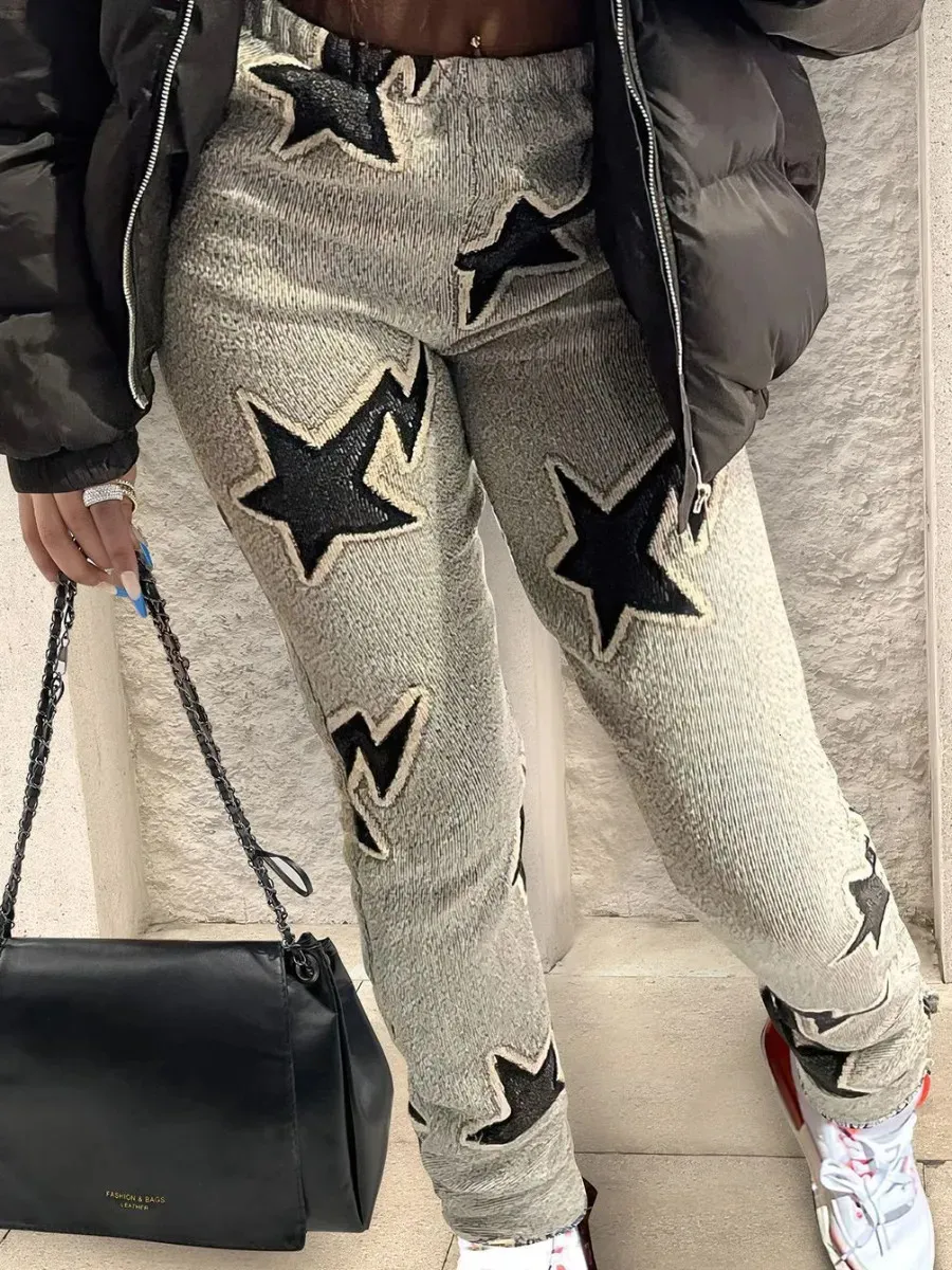 Women S Pants S LW Casual Street Star Stacked Mult color Fall Mid Waist Decor Decor Elastic Spodni Streetwear 231005