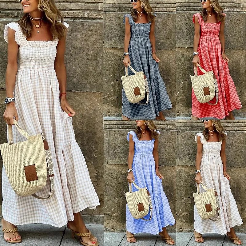 Casual klänningar veckade elastiska midja chiffon lång klänning sommar ärmlös fyrkantig hals a-line pläd kvinnor strand semester vestidos