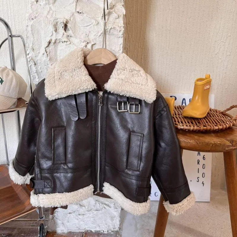 Manteau en duvet pour garçons et filles, veste d'hiver en cuir avec fermeture éclair, chaud, col rabattu, doublure en laine épaisse, à la mode, vêtements d'extérieur pour enfant