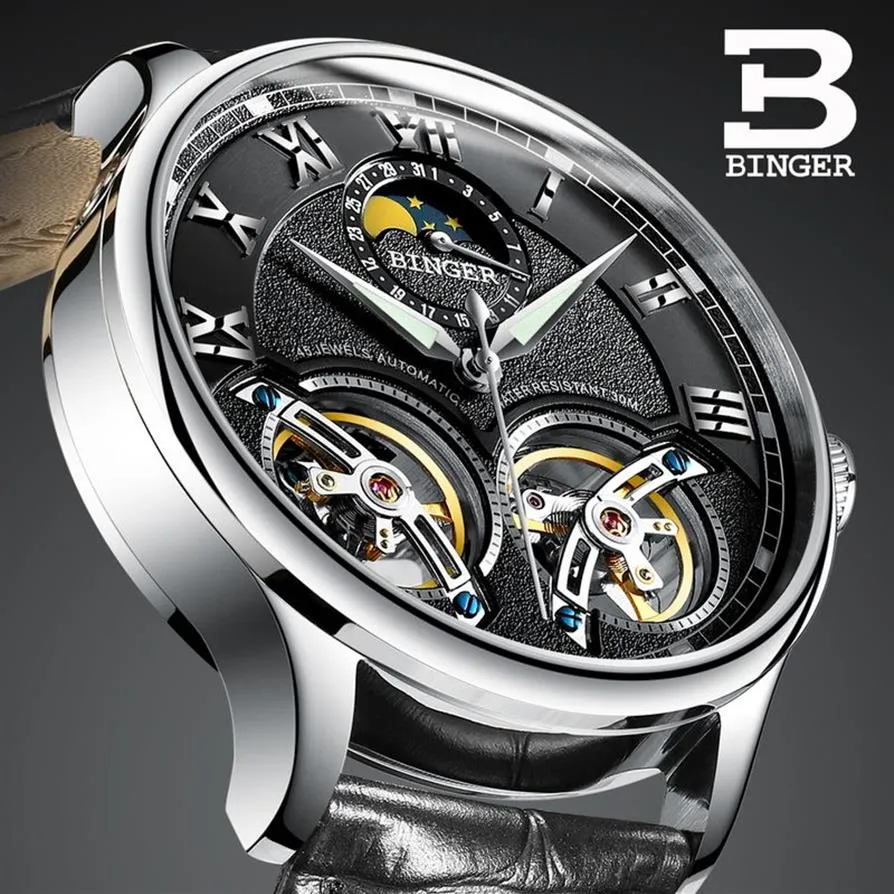 Двойные швейцарские часы Binger Оригинальные мужские автоматические часы с автоподзаводом Модные мужские механические наручные часы из кожи Y1905150219s