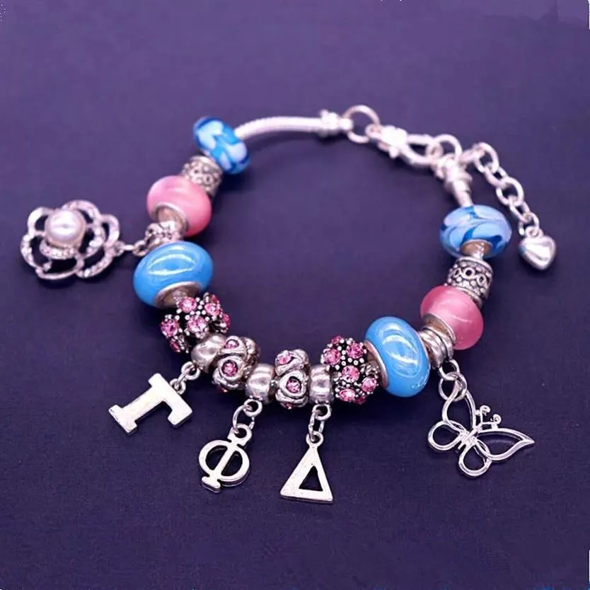 Abadon Collectie Mode Grote Kralen Rose Vlinder Griekse Letter Gamma Phi Delta Armbanden Voor Vrouwen Geschenken Charm348C