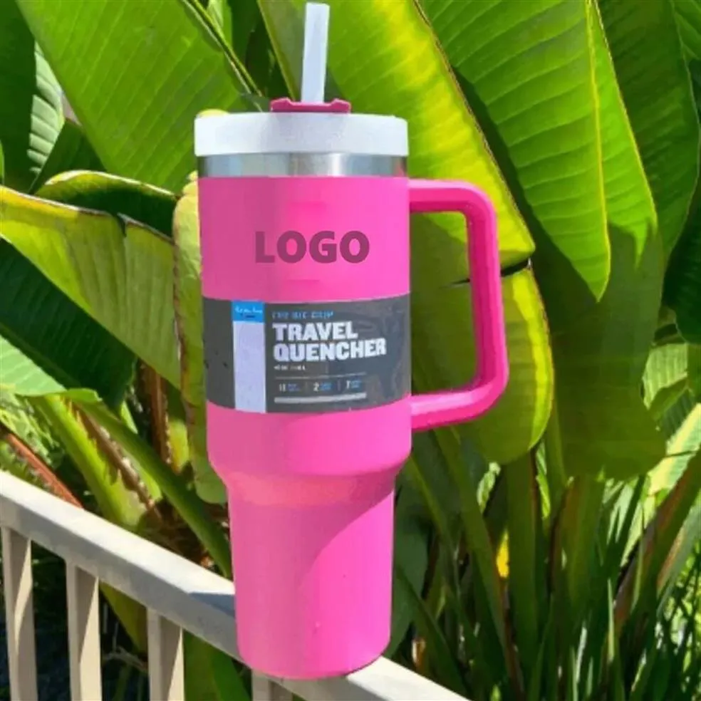 Klaar voor verzending roze 40oz waterflessen met handvat deksel stro roestvrijstalen thermosbekers met logo automokken houdt drinken koud280o