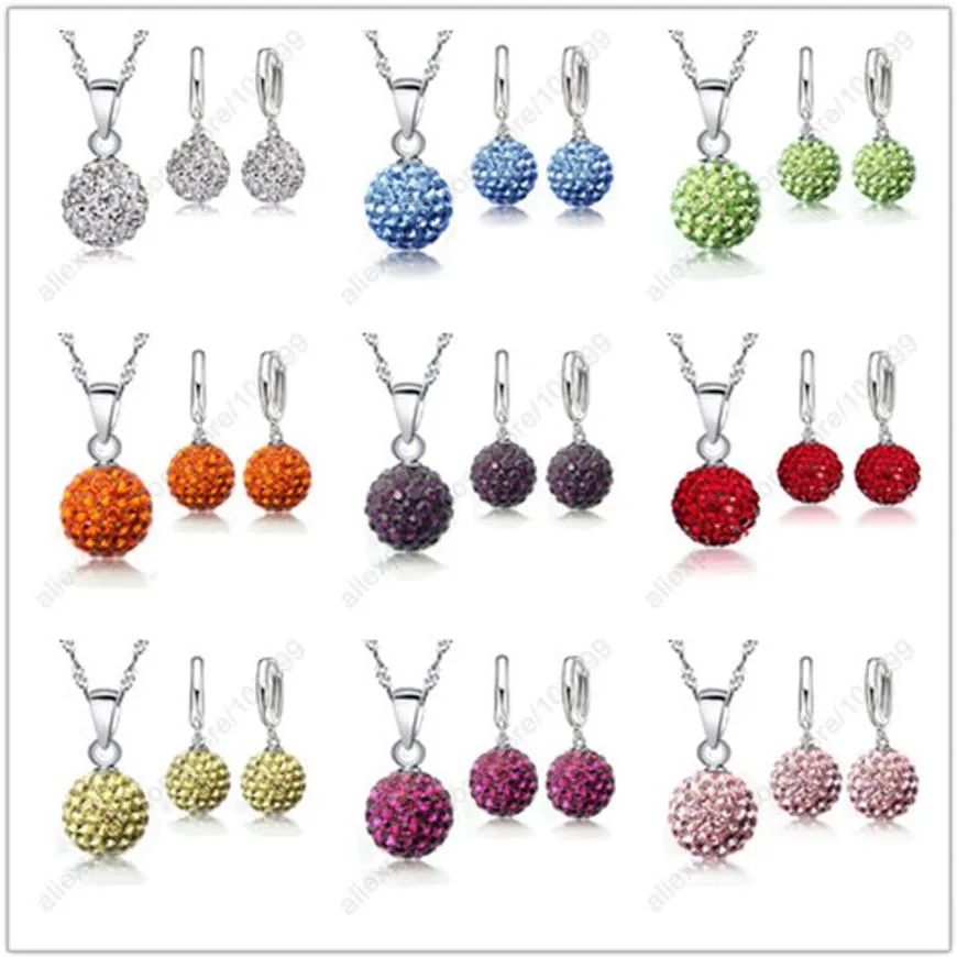 Nouveaux ensembles de bijoux 925 pendentif en argent Sterling cristal autrichien pavé Disco boule levier arrière boucle d'oreille pendentif collier Woman233T