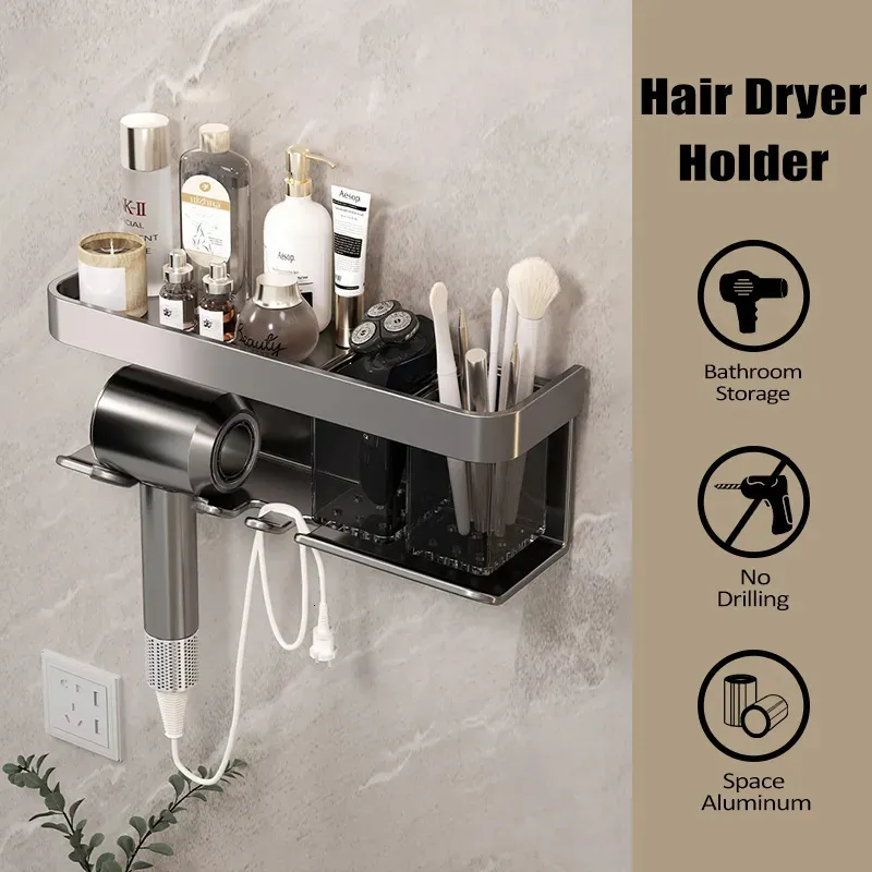 Prateleiras do banheiro Liga de alumínio titular secador de cabelo organizador de armazenamento do banheiro parede prateleira do banheiro sem perfuração secador berço 230927