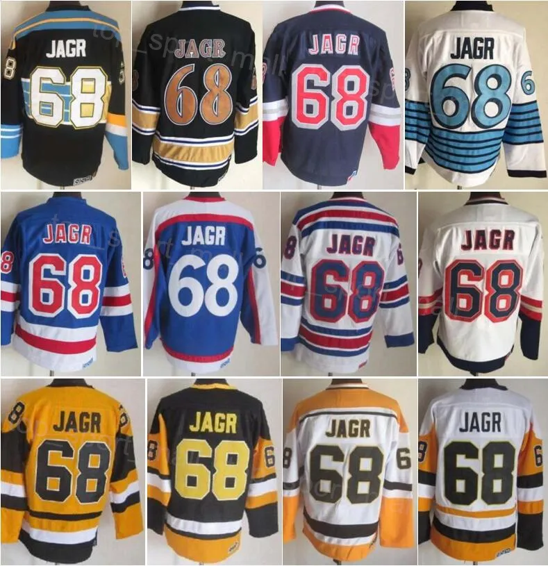 Maglia da uomo Retro Hockey 68 Jaromir Jagr CCM Retire Vintage Classico Ricamo e cucito per gli appassionati di sport Colore della squadra Nero Bianco Blu Giallo Puro cotone traspirante