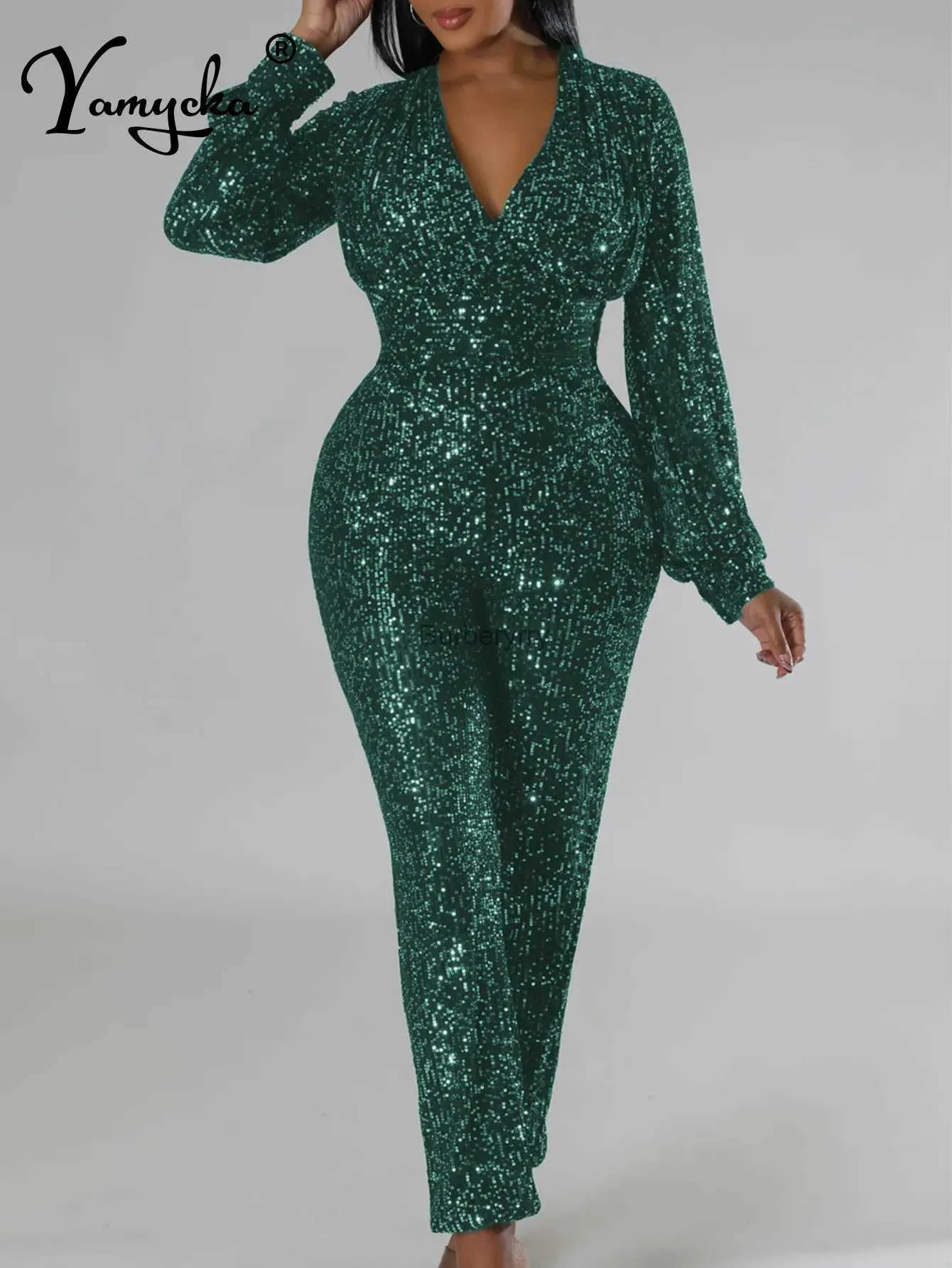 Women's Jumpsuits Rompers Sexy black long sleeve sequin jumpsuit women one pieces bodycon jumpsuits birthday party club outfits pants bodysuit overallsL231005