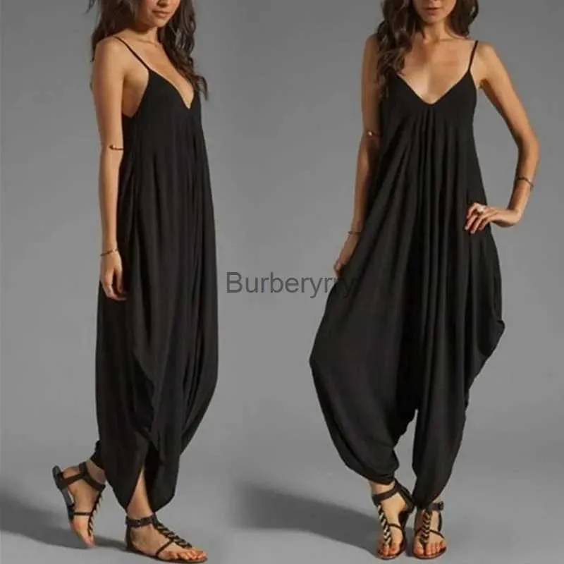 Women's Jumpsuits Barboteuses femmes combinaison sans manches été décontracté ample Spaghetti sangle profonde col en v longues barboteuses Sexy Fe solide jambe large pantalon salopetteL231005