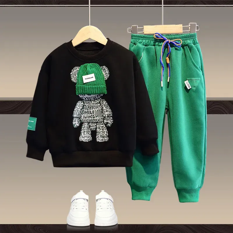 2pcs Kid Boy Letter Allover Print Hooded Sweatshirt and Black Elasticized Pants Set