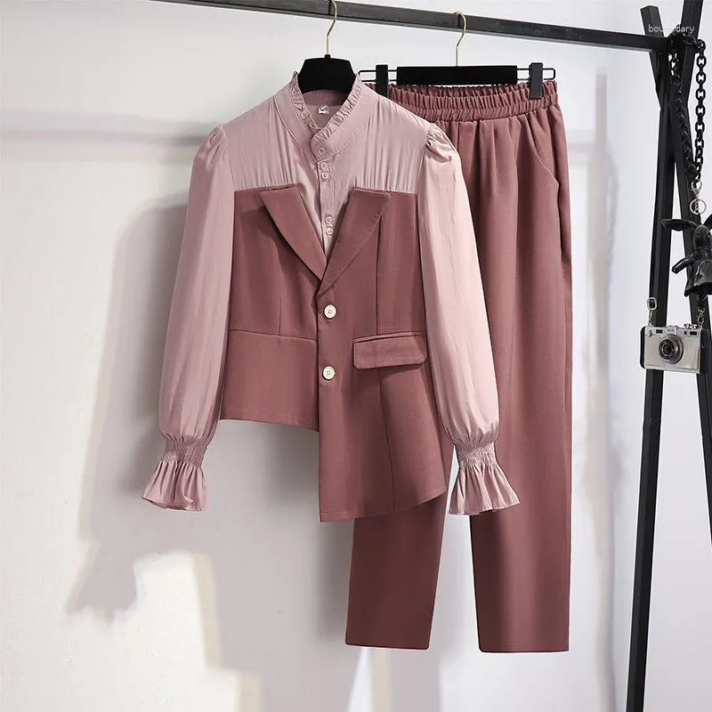 Women's Two Piece Pants Suit Female Spring And Fall Fashion Commuter Elegant Splicing Casual Top High Waist Two-piece Set