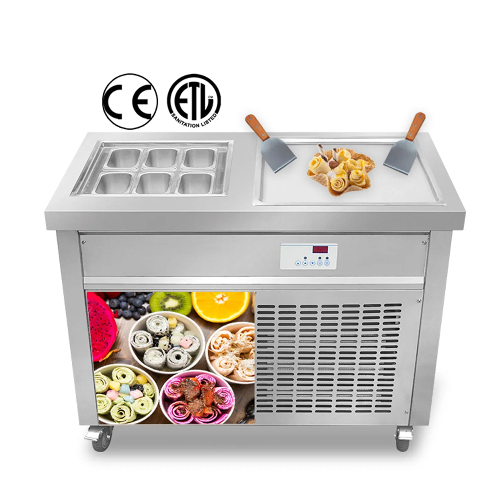 Équipement de cuisine d'expédition gratuite etl CE Single Square Pan 6 seaux de refroidissement Machine de crème glacée frite Frozen Yogourt Maker CE EMC LVD