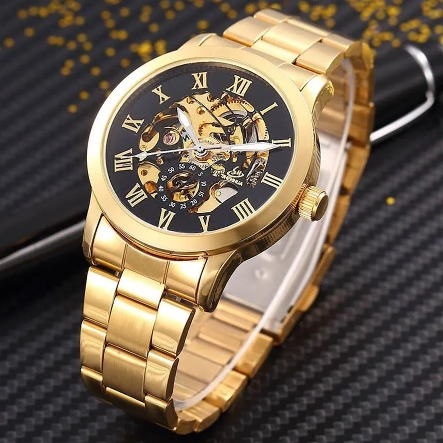 Shenhua Golden Skeleton Automatic Mechanical Watch Men Fashion Waterproof Shockproof Clock Mechanical Watch Men Watches Y19062279F