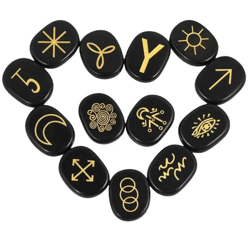 Conjunto de pedras de runas de bruxas naturais, conjunto de 13 cristais de cura com símbolos ciganos gravados para adivinhação de meditação324m