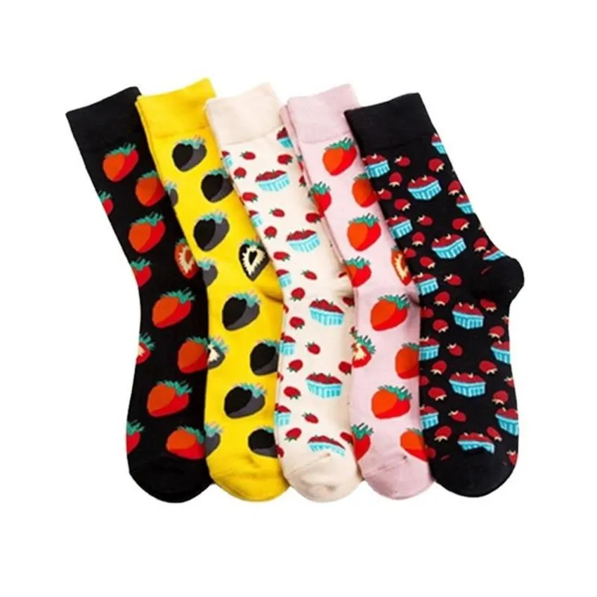 Chaussettes pour hommes, Lot de 10 paires, automne hiver, coton, motif fraise, grand Tube moyen, marée drôle, fabricant entier 303D