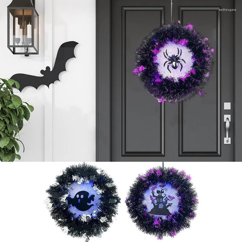 Декоративные цветы Хэллоуин Призрачный венок с фиолетовыми освещенными дверными венками Праздничное украшение фасада для гостиной Крыльцо Двор