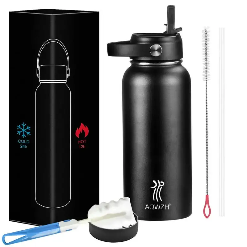 Bouteilles d'eau oz Bouteille en acier inoxydable isolée sous vide noire avec large bouche et couvercle en paille bouteilles Oz tumbler 230928