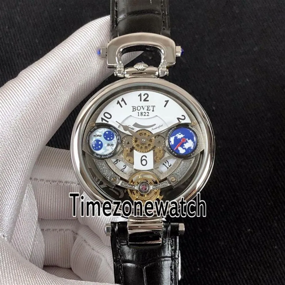 Bovet Amadeo Fleurier Grand Complicações Edouard Tourbillon Caixa de aço Mostrador de esqueleto branco Relógio masculino de quartzo suíço Couro preto 264t