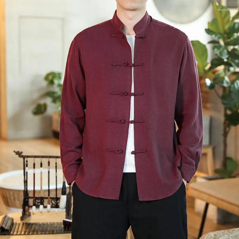 Этническая одежда 2023, китайский традиционный костюм Тан, рубашка-кимоно Ханфу, однотонный мужской кардиган, воротник Cheongsam, повседневная куртка на пуговицах в стиле ретро