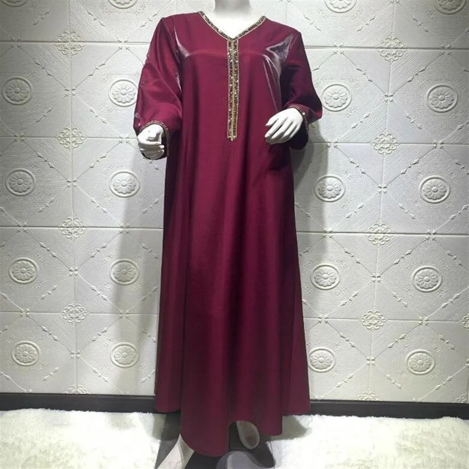 Casual Kleider Jalabiya Langarm Maxi Kleid Für Frauen Herbst 2021 Dubai Abaya Mode Diamant Band V-ausschnitt Muslim Arabisch robe303h