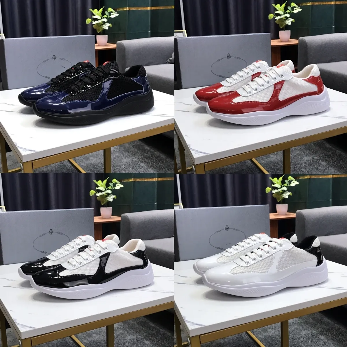 Mens sapatos P Americas Cup Sneakers Upper Patent Leather Fabric Outdoor Walking Sports Shoes