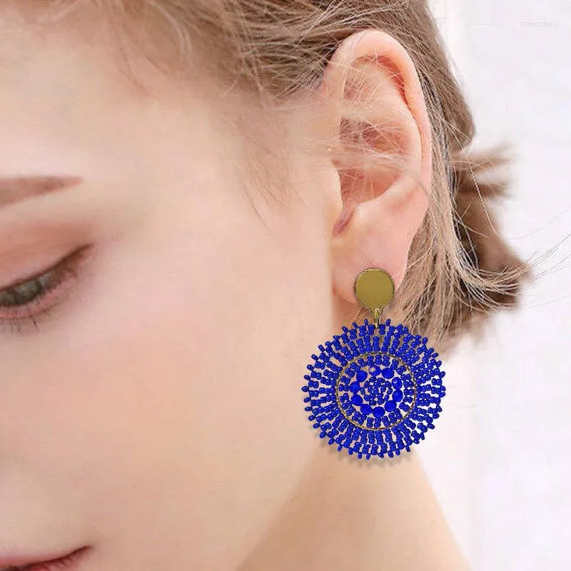 Dangle Earrings Beaded Roundness Hollow Out Royal Blue Fashion Simple Geometry Hand Knitting Bohemia Crystal Alloy Rice Bead