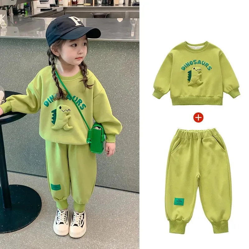 Clothing Sets Unisex Sportswear Girls Clothing Set Cartoon Dinosaur Toddler Boys Tracksuit Korean Kids Sweet Sets Outfit Hoodies and Pants 231005