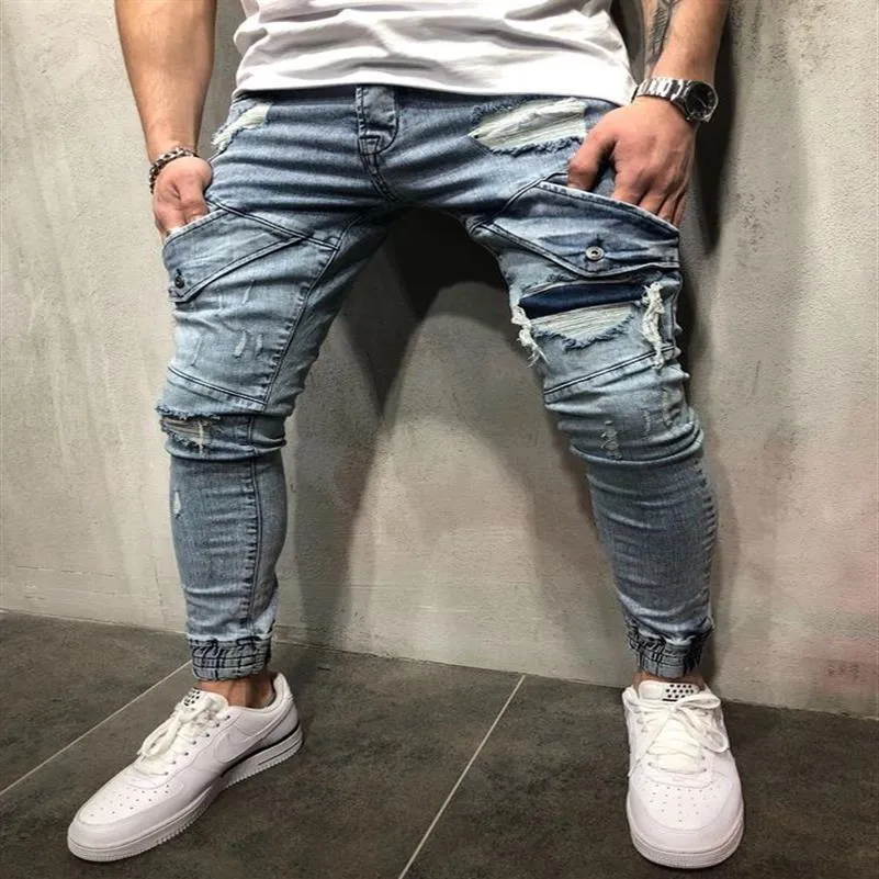 Mode broek ontwerper heren denim blauwe jeans gescheurd slim fit noodlijdende gaten potlood broek mager lang ontwerper Pantalones2232