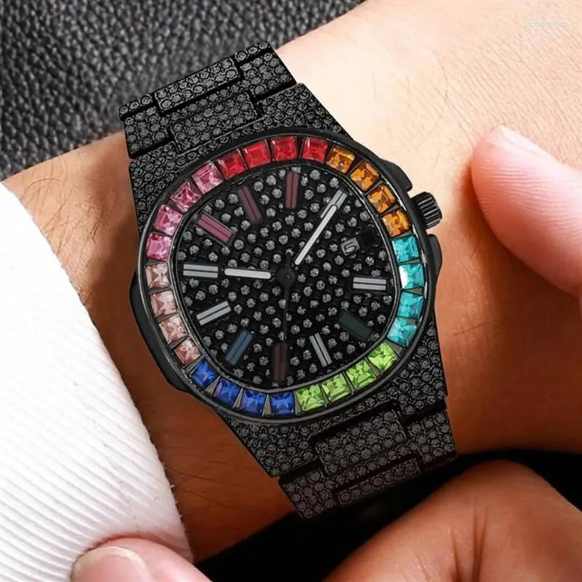 Relojes de pulsera Reloj para hombre Marca superior para hombres Mujeres Lujo Iced Out Negro Oro Cristal Calendario Relojes de pulsera de moda Relogio Masculin266G