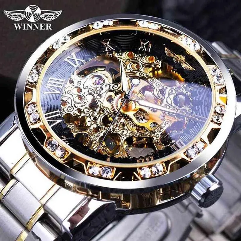 Winner Transparent Fashion Diamond Luminous Gear Movement Royal Design Men Top Brand Luxury Male Mechanical Skeleton Wrist Watch 22460