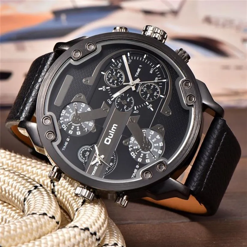Oulm duże zegarki dla mężczyzn wiele strefy czasowej sportowy kwarc zegar męski swobodna skóra dwa projekty luksusowe marki męskie Wriswatch ly261d