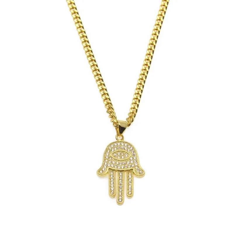 Pendentif Colliers Or Argent Fatima Hamsa Main Bling CZ Glacé Charme Chaîne Cubaine Pour Femmes Hommes Hip Hop Bijoux 2892