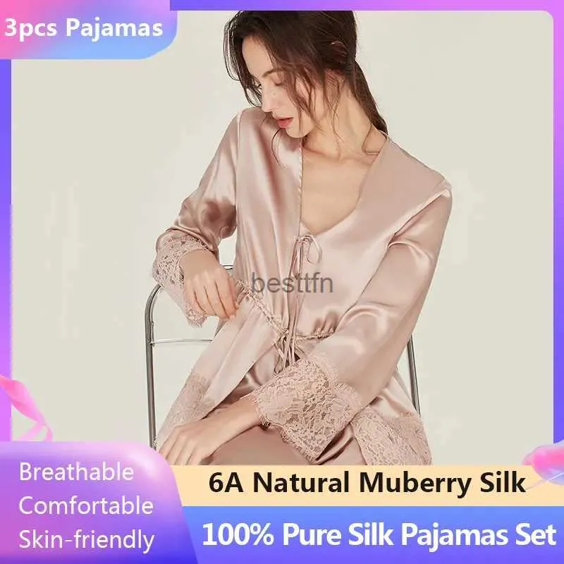 Women's Sleep Lounge 100% Pure Silk Pyjamas Set for Women Long Sleeve Top+Pants+Suspenders 3 PCS Home Suits Nightwear Ladies Mulberry Silk Pyjamasl231005