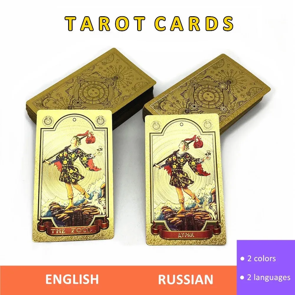 Działalność gier na świeżym powietrzu Wysokiej jakości plastikowy tarot złota folia Rosyjska angielska karty wróżbiarni Deck Witch Gra l751 230928