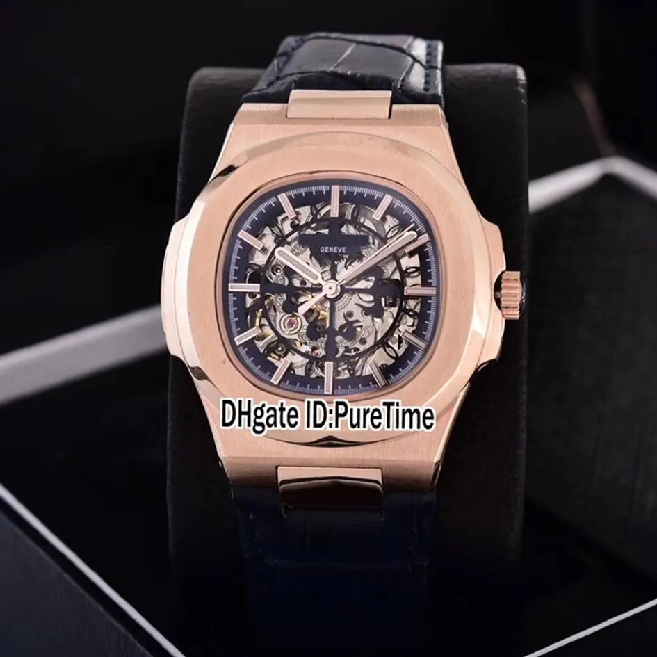 New Classic 5711 Rose Gold Blue Skeleton Big Logo Asia 2813 Automatic Mens Watch Blue Leather Strap Watches 12 Colos Puretime PB30246G