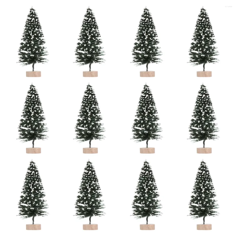 Weihnachtsdekorationen, 12 Stück, Baum, Mini-Kiefer, hängende Verzierung, künstliche Schnee- und Frostbäume, Holzsockel, Dekor, künstliche Dekoration