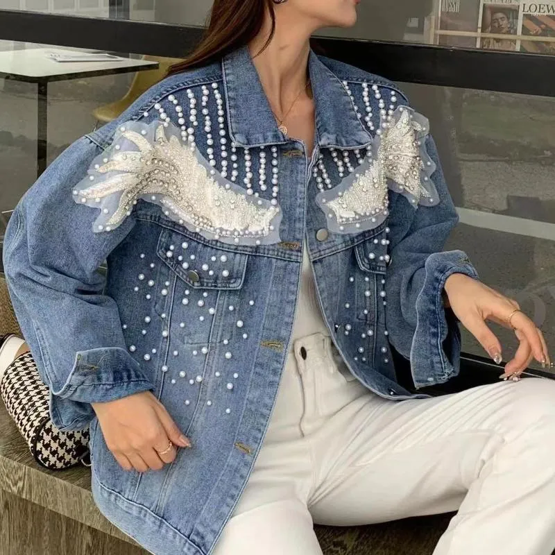 Women's Jackets 2023 Autumn Heavy Industry Diamond Studded Pearl Lace Butterfly Jean Jacket Denim Outwear Coat