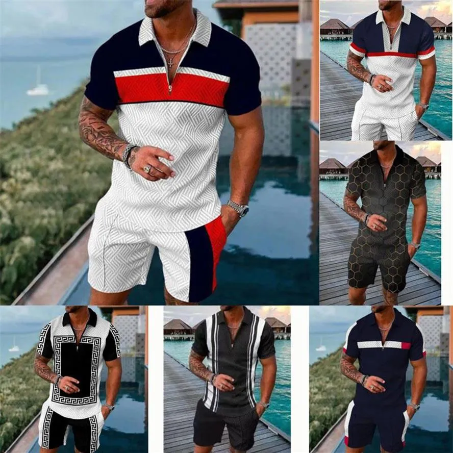 Kleidung Männer Trainingsanzüge neue sommer 2 Stück Hosen Set Übergroßen Floral GEO Zipper Polo Hosen Outfits Sommer Streetwear307N