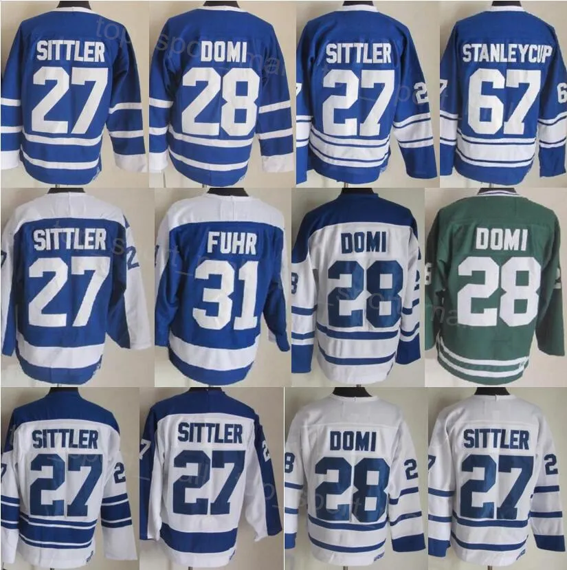 الرجال الرجعين الهوكي 27 داريل سيتلر جيرسي كلاسيكي كلاسيك 28 TIE DOMI 31 GRANT FUHR 67 Stanleycup Blue White Green Team Color 75th Anniversary Ambroidery and Sewing