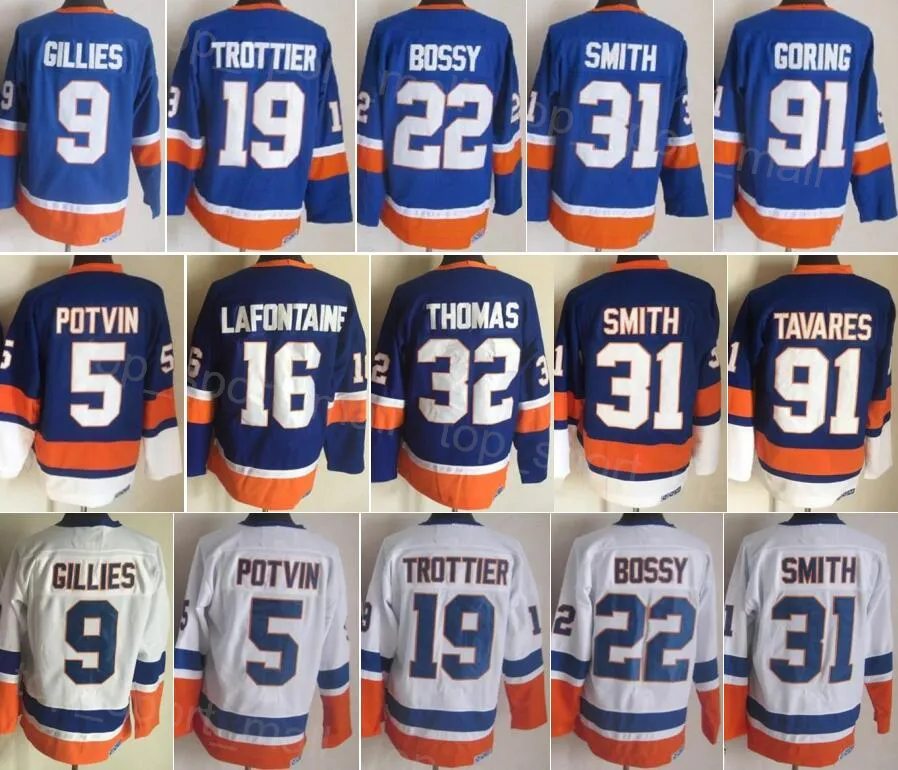 Homens Retro Hóquei 22 Mike Bossy Jersey 5 Denis Potvin 9 Clark Gillies 19 Bryan Trottier 31 Billy Smith 16 Pat LaFontaine Steve Thomas John Tavares Butch Goring Vintage