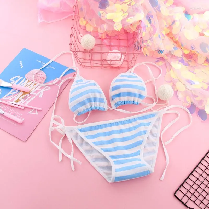 Kawaii Blue And White Stripe Swimwear Set For Women Sexy Lingerie